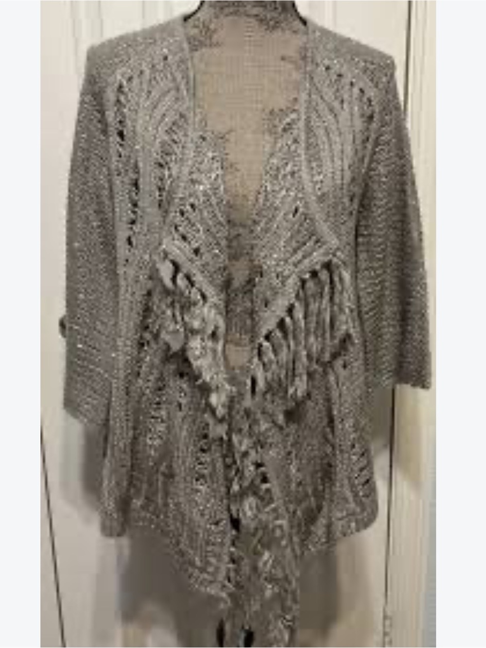 Chico's Light Gray Fringe Open-Front Knit Cardigan